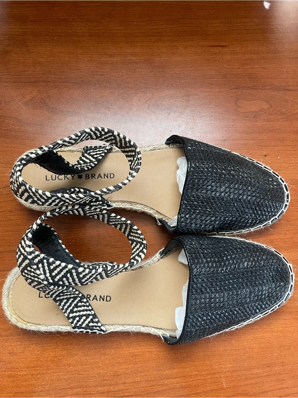 Lucky Brand Black Woven Espadrille Sandals with Ankle Tie Renka Chevron Raffia